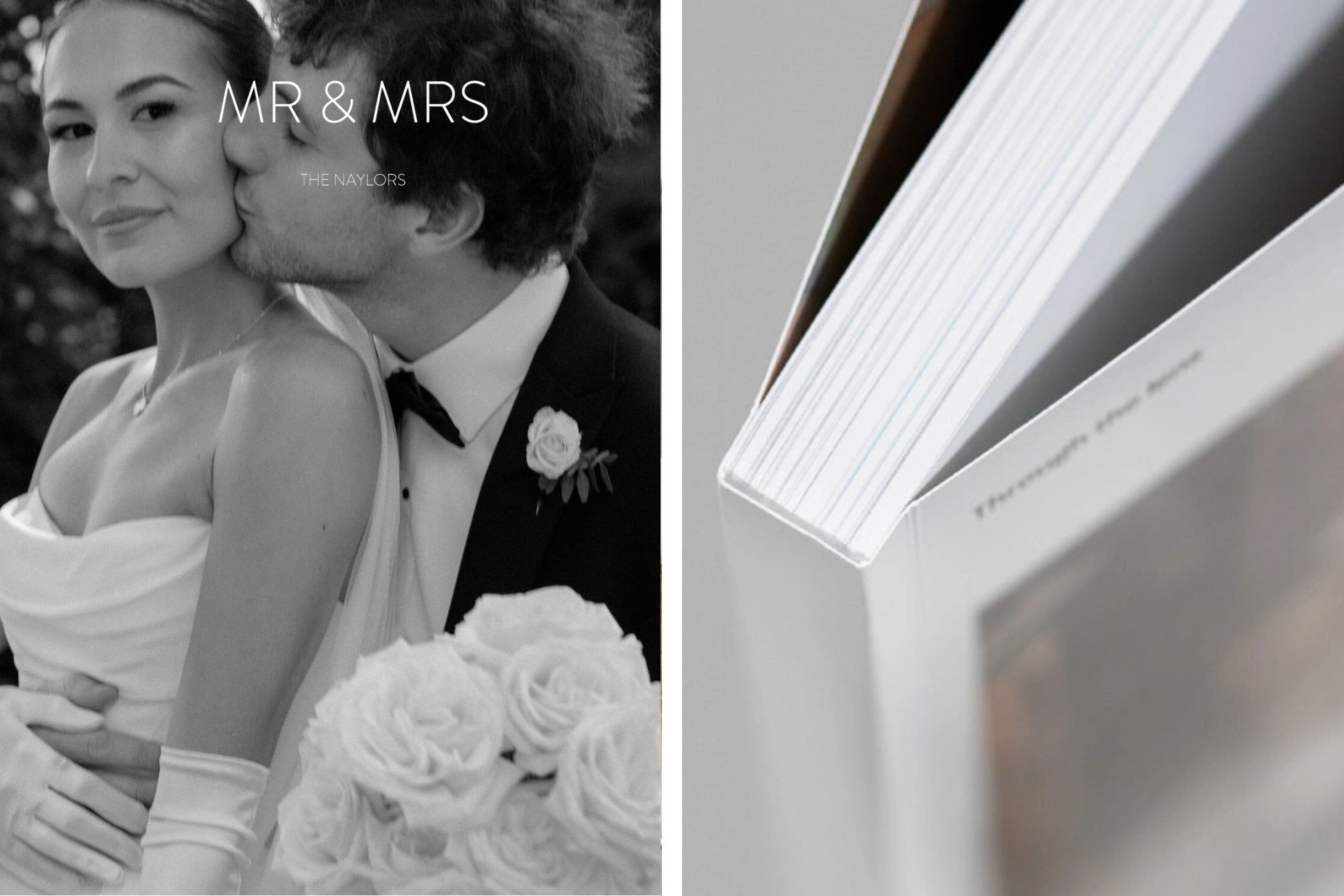 Couple kissing on wedding day and spine of book