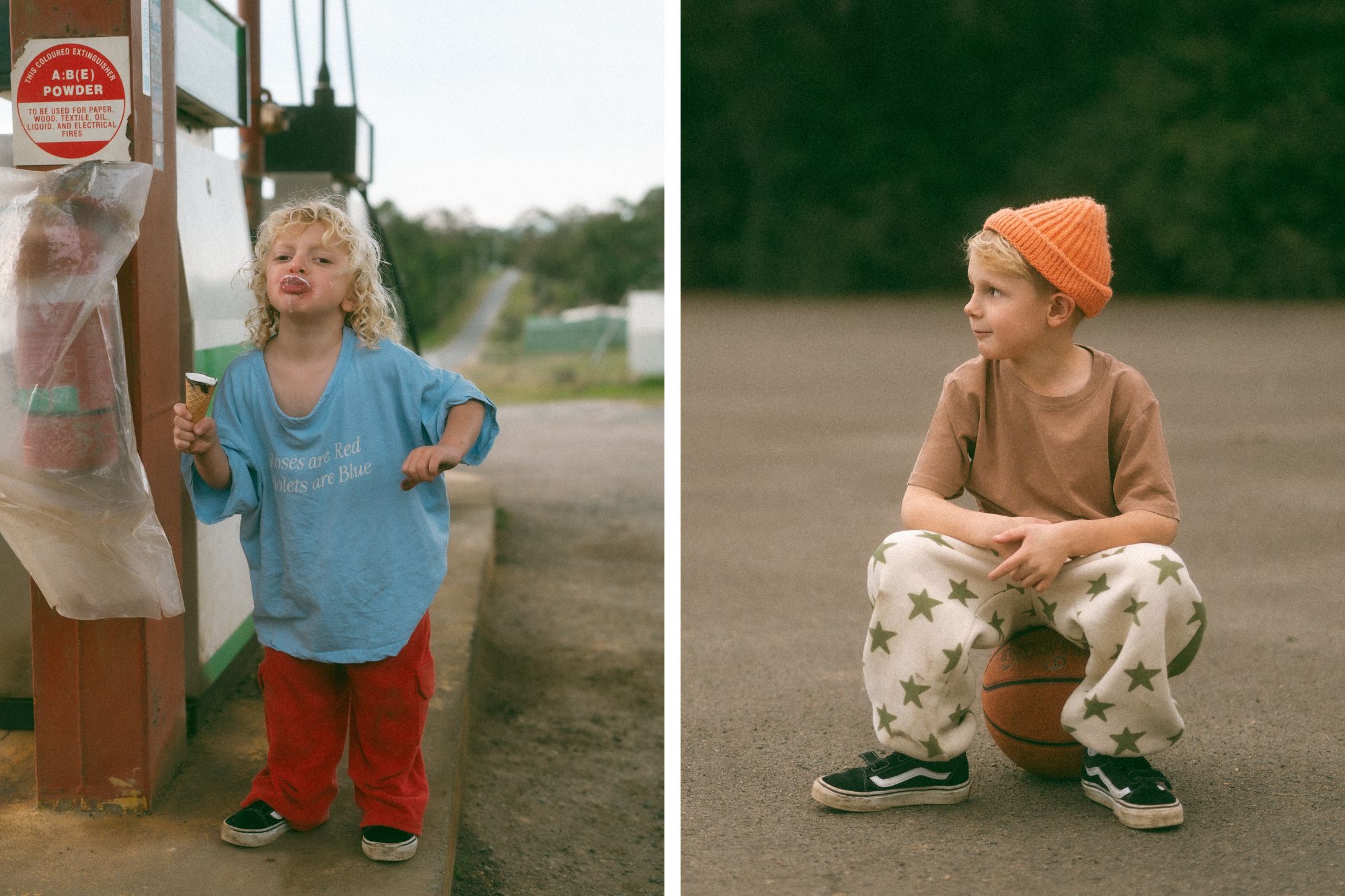 Children eating ice cream and sitting on a basketball wearing streetwear.
