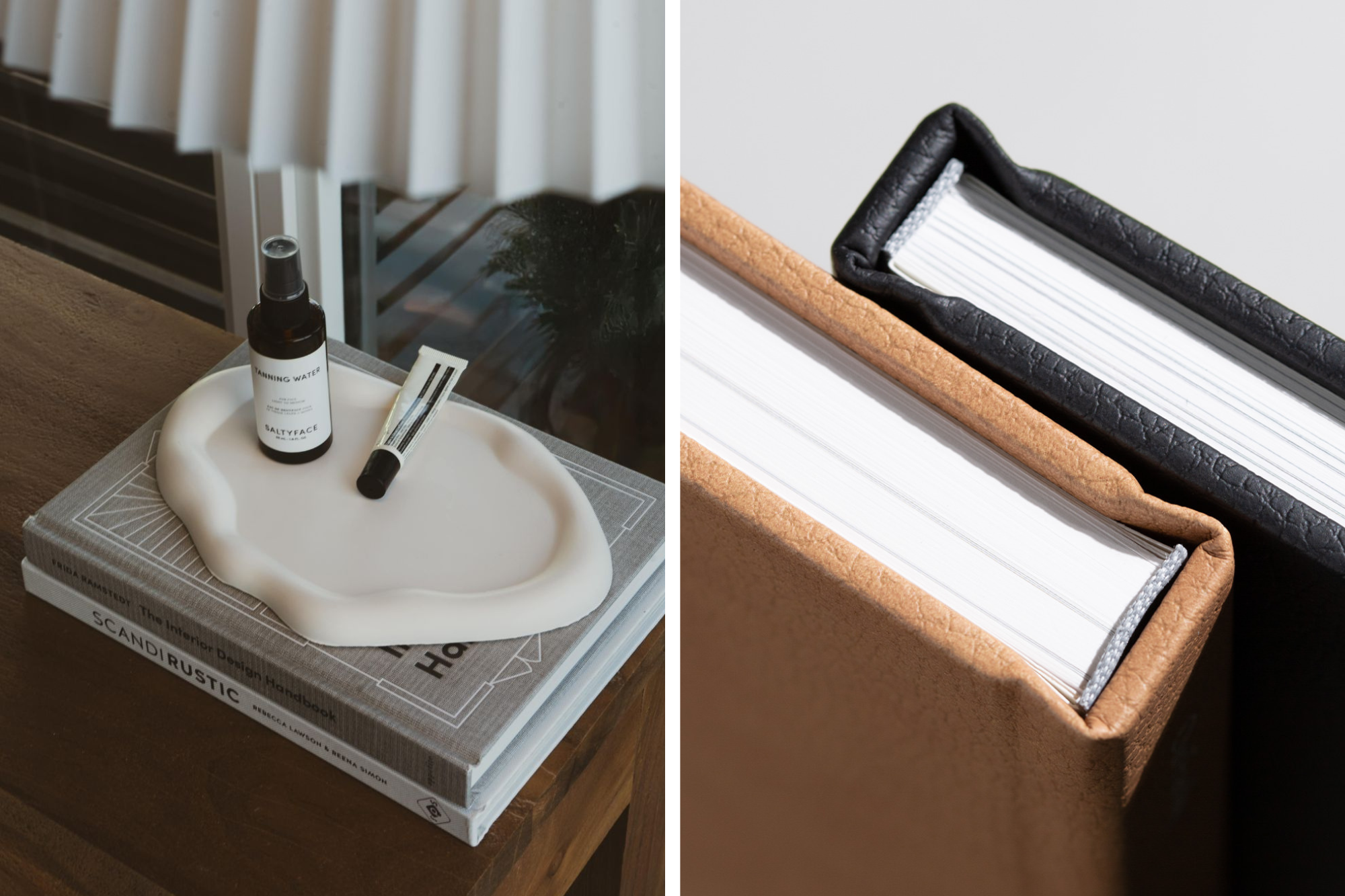 Stack of Vegan Leather photo books underneath a white accessory stand.