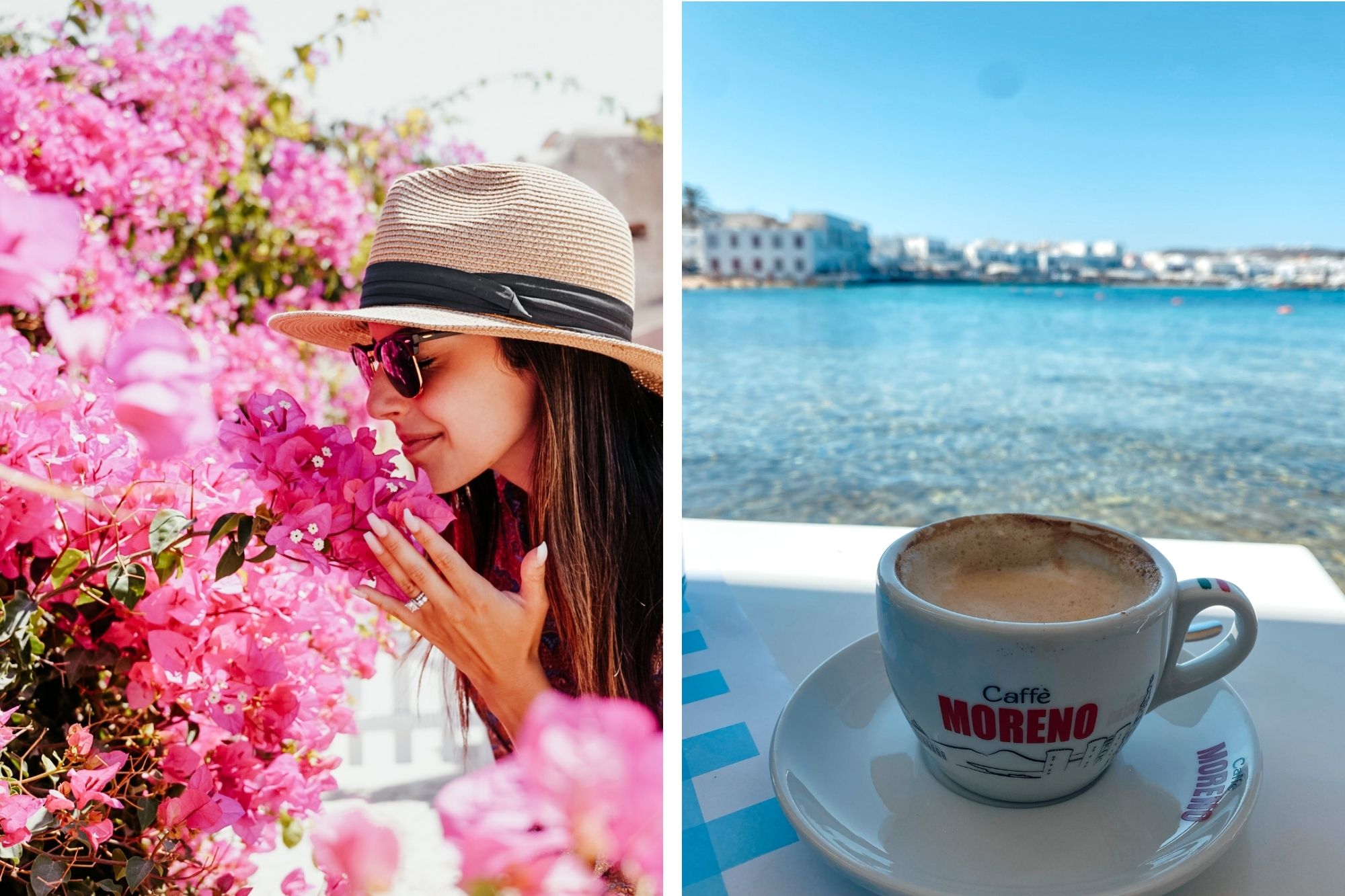 Images of coffee cup by the waterfront and vibrant flowers being appreciated