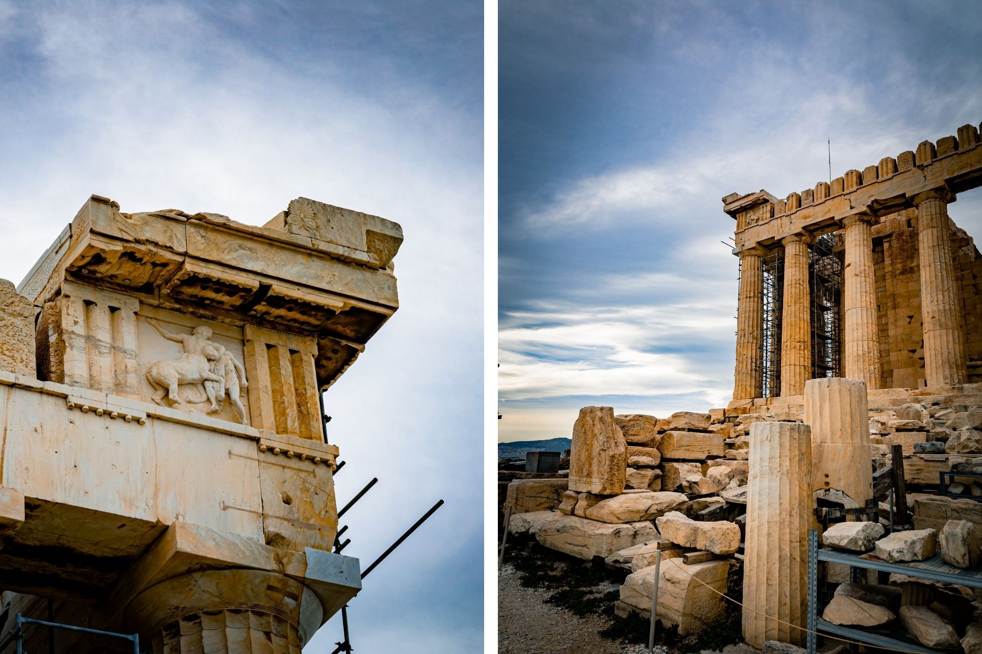 Cinematic shots of historic buildings and rubble
