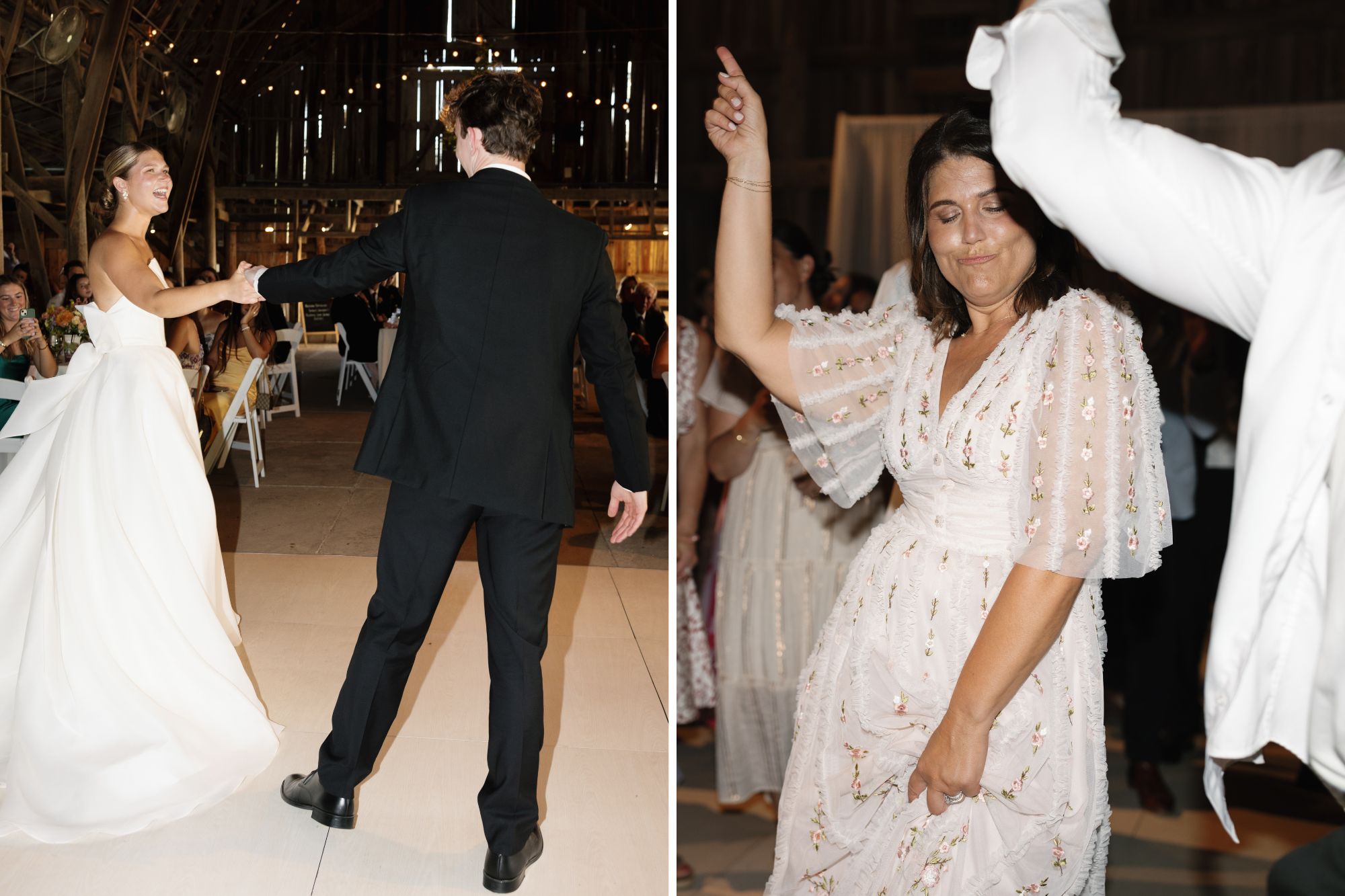first photo is of a bride and groom, second is of wedding guests dancing
