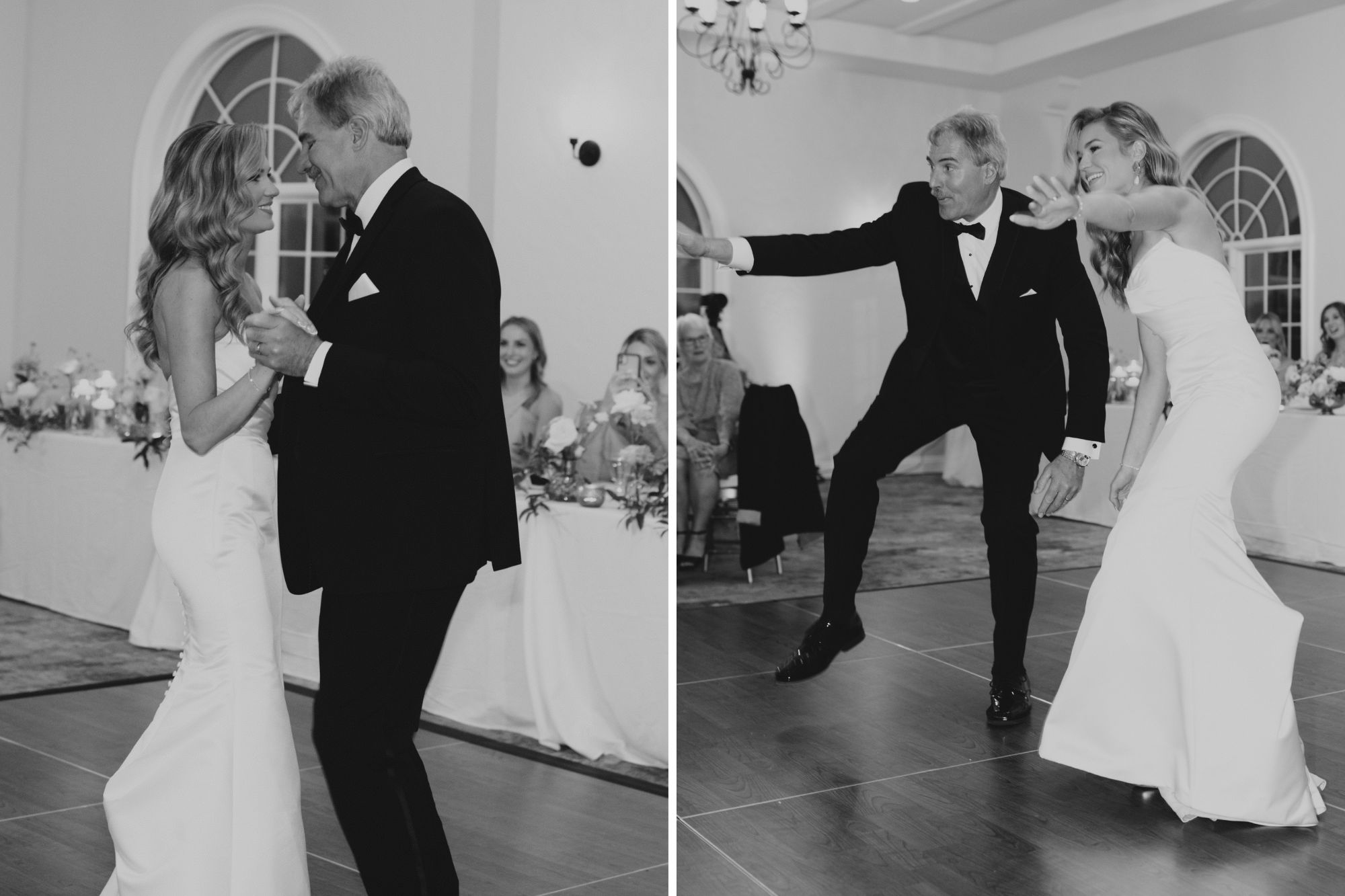 two photos of two people dancing at a wedding