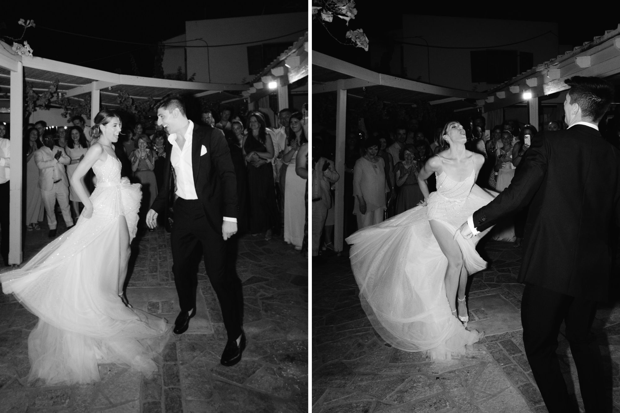 two images of a bride and groom dancing and laughing