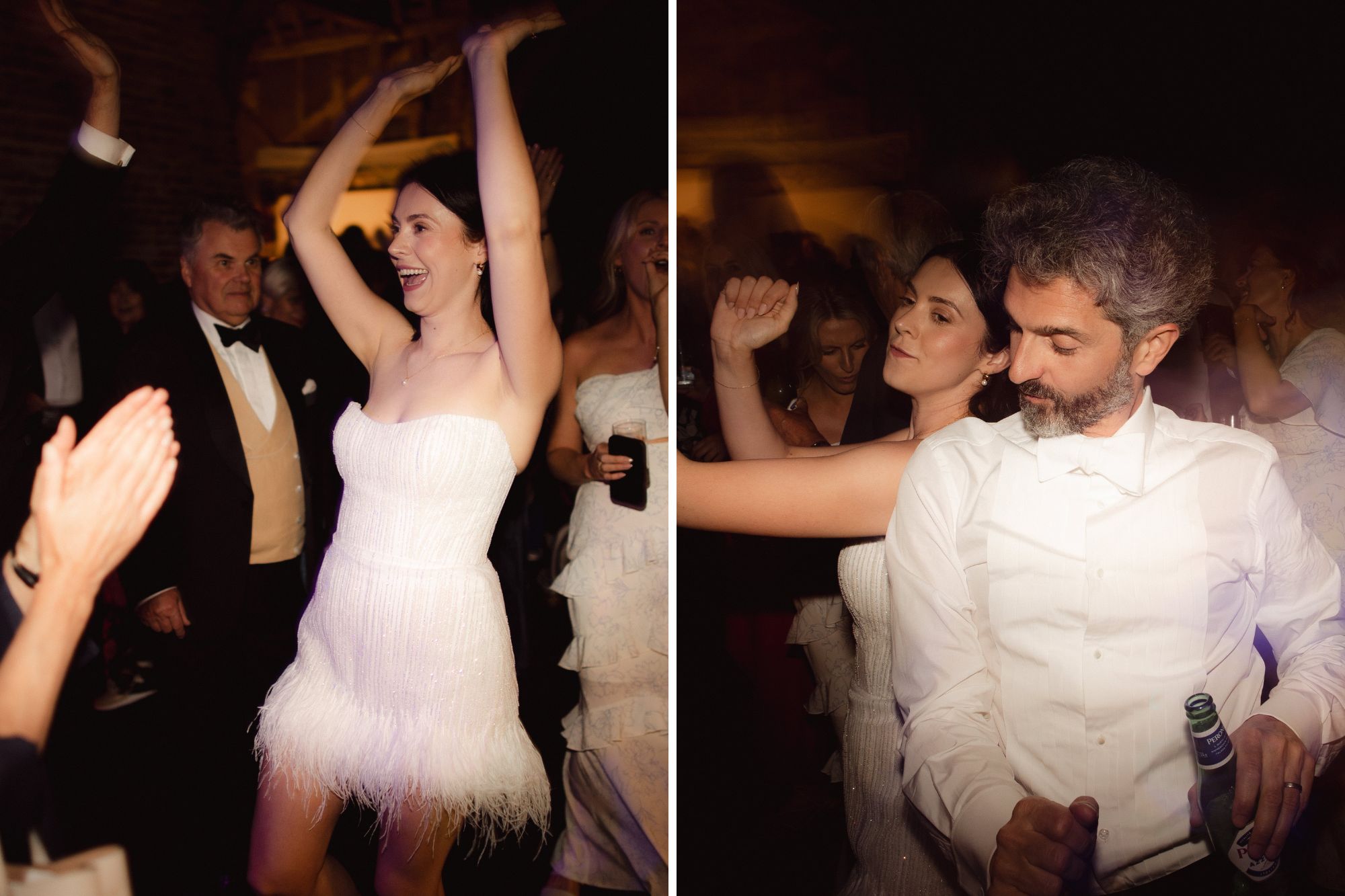 two photos of a bride and groom dancing at their wedding party