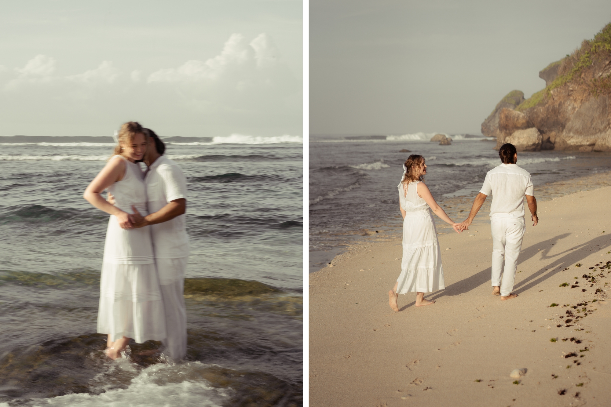 Couple kissing and running down the beach