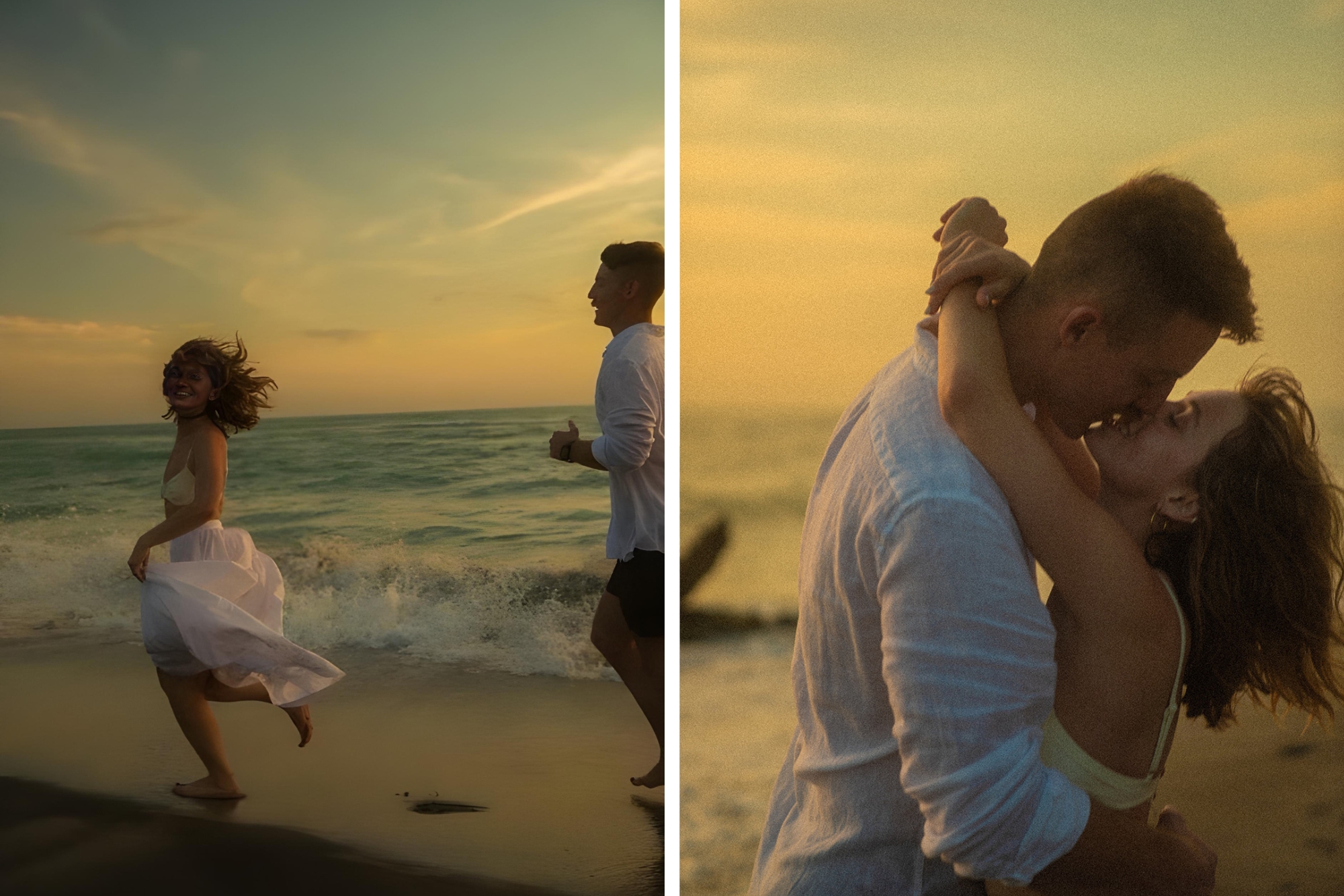 Couple running down the beach at sunset