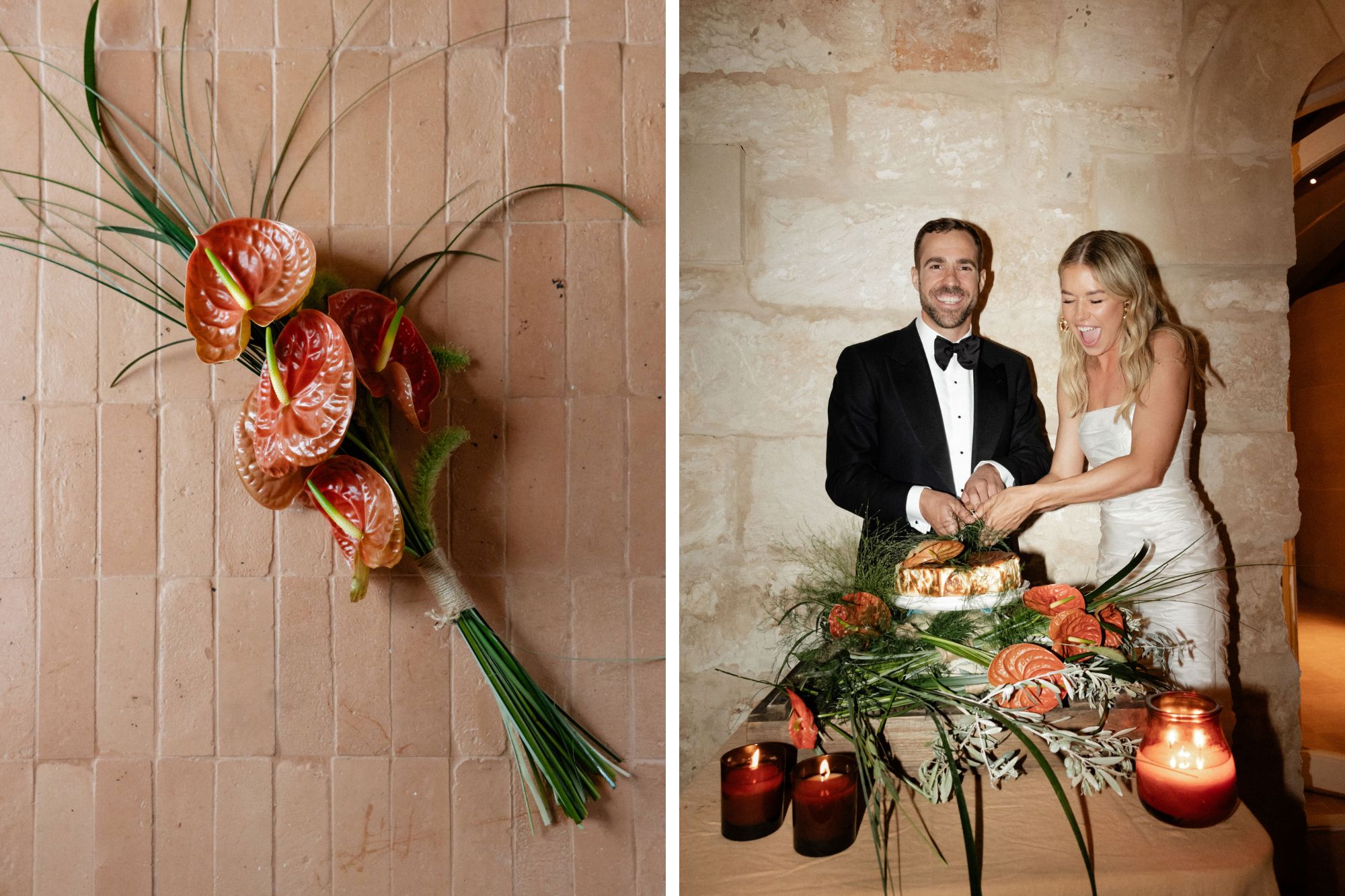 Couple cutting wedding cake with red flower