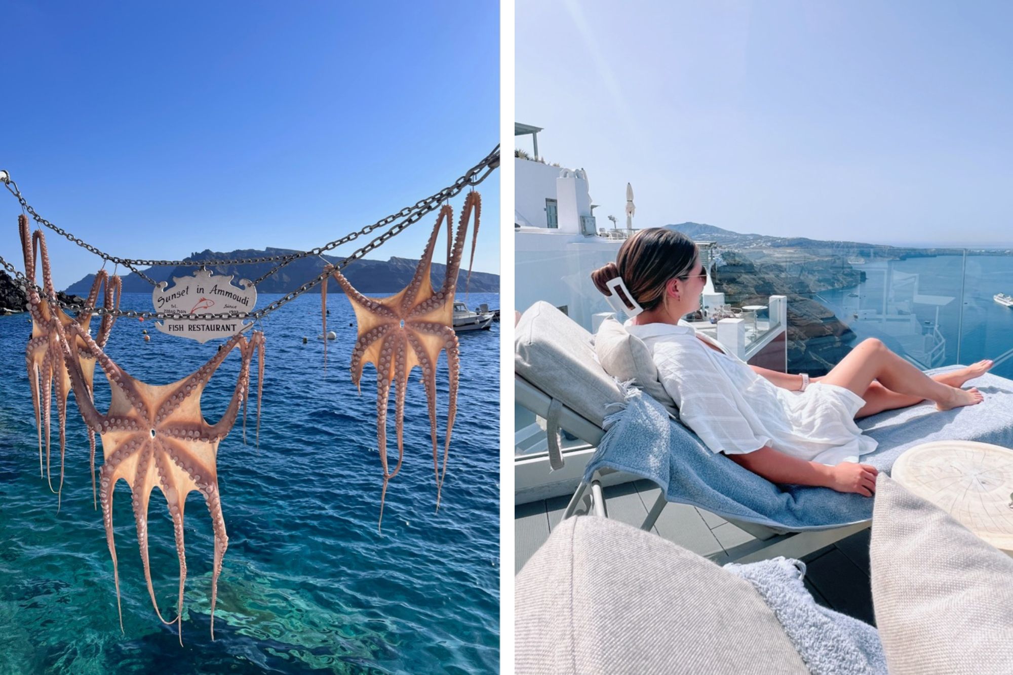 photo of octopus being hung to dry and someone sitting on a beach lounger