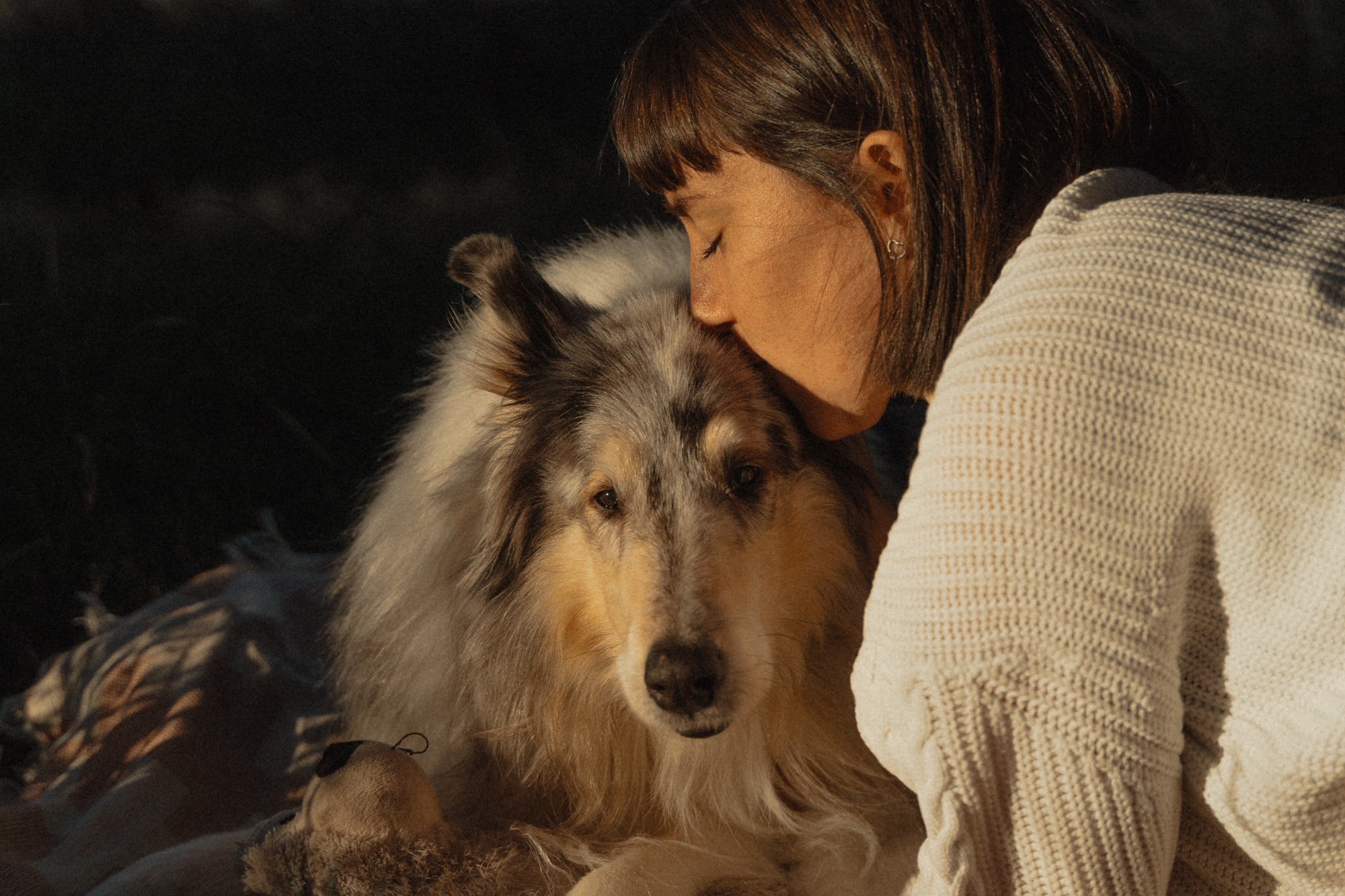 Woman kissing Australian shepherd dog's head.